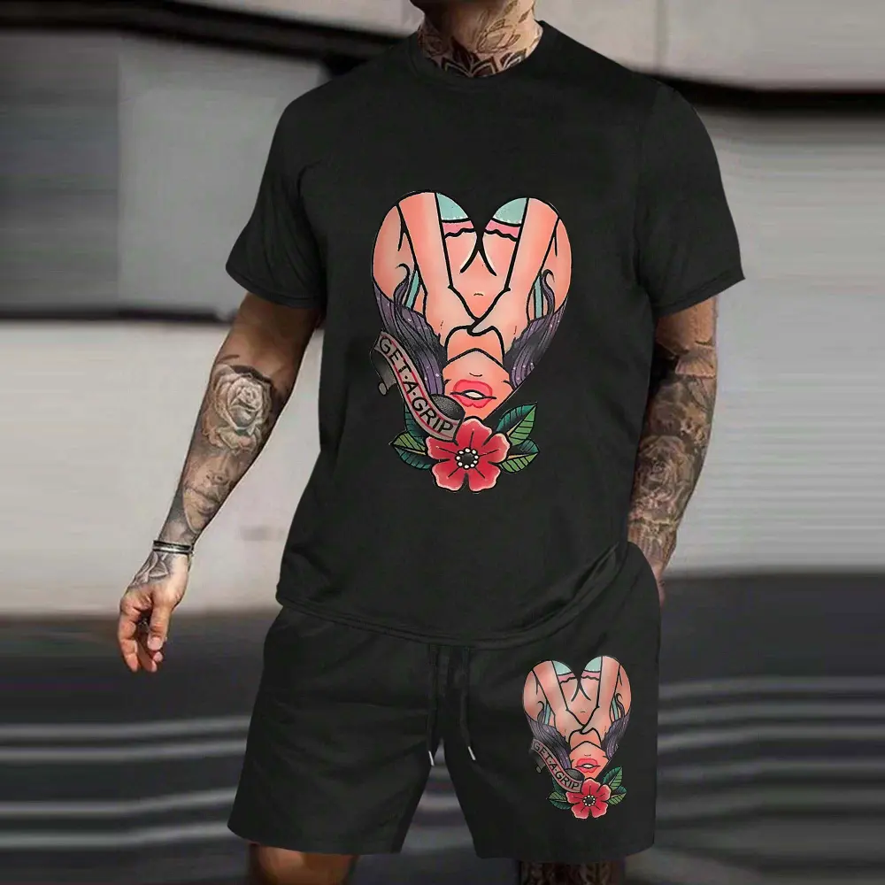 Get-A-Grip Printed Casual T-Shirt Shorts Men's Suit