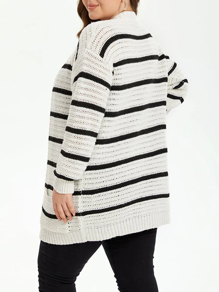 Striped Pattern Drop Shoulder Open Front Cardigan