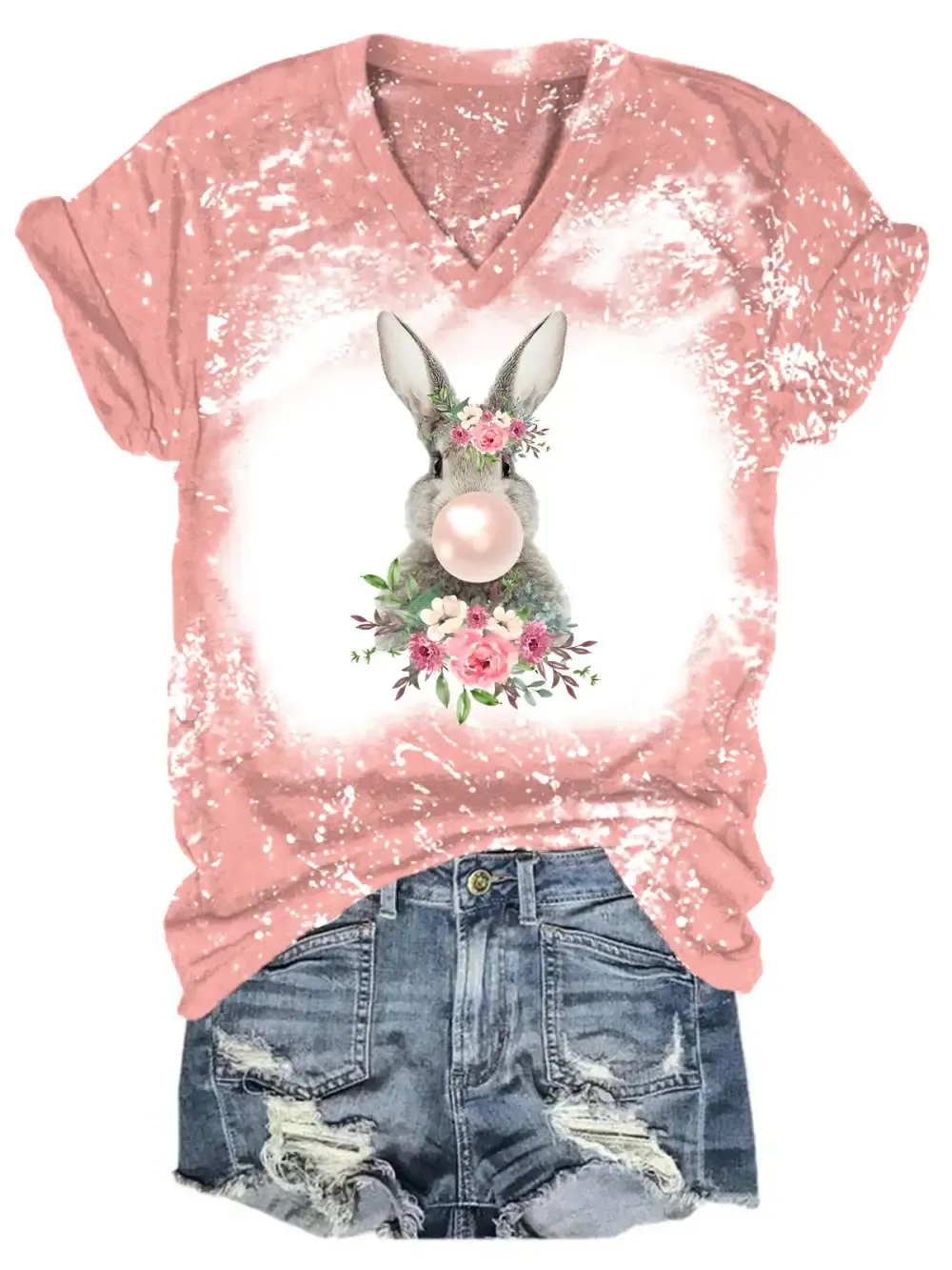 Bunny Chewing Bubble Gum Bleaching V Neck T-shirt