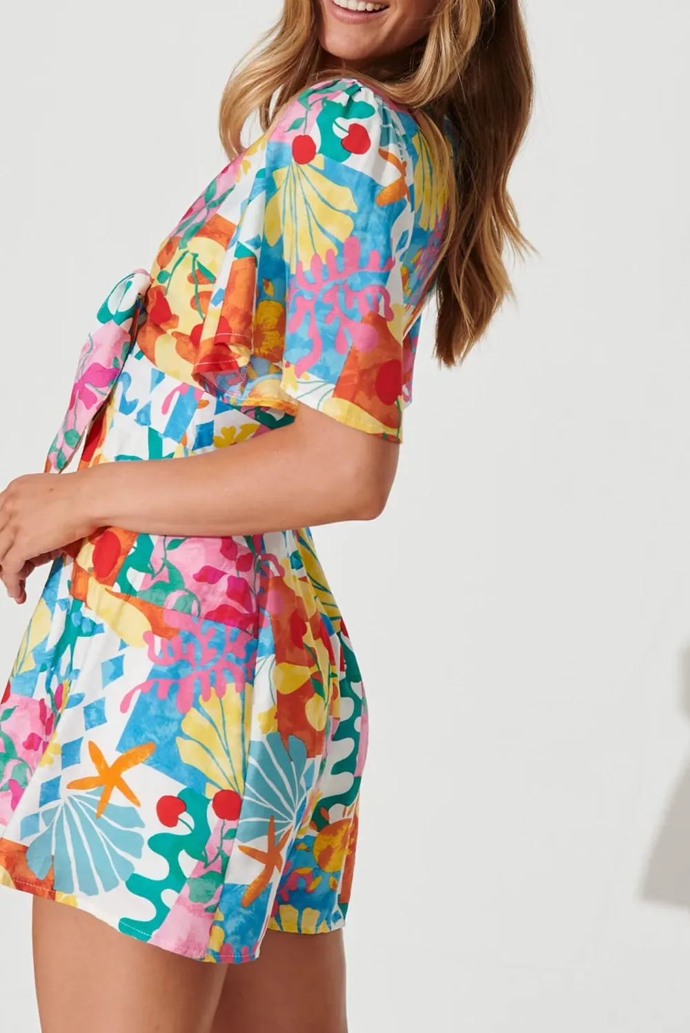Colorful Printed Tie Front Short Jumpsuit