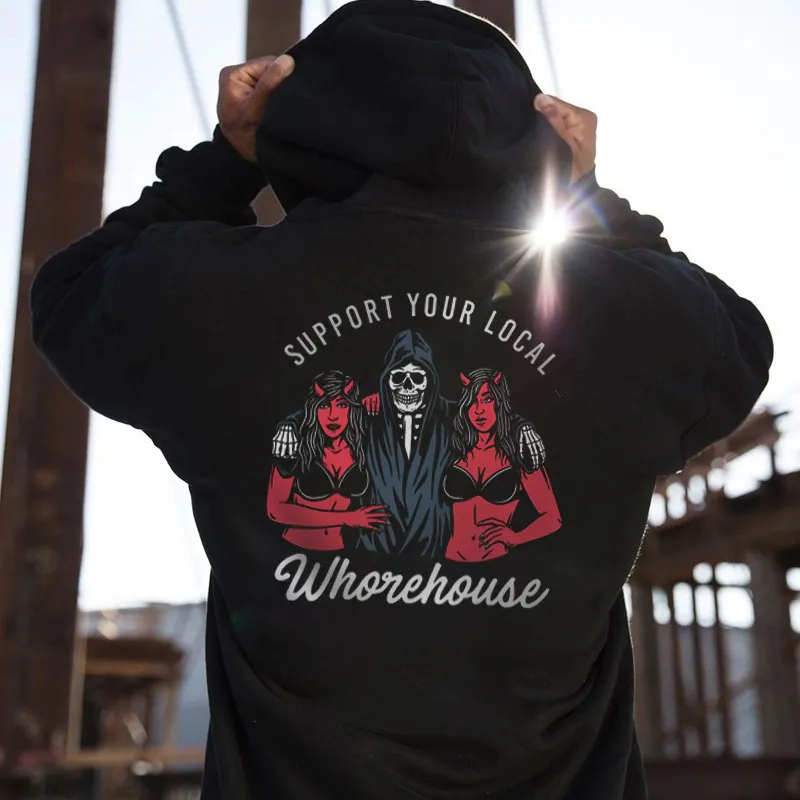 Skull And Sexy Lady Support Your Local Printed Reaper Hoodie