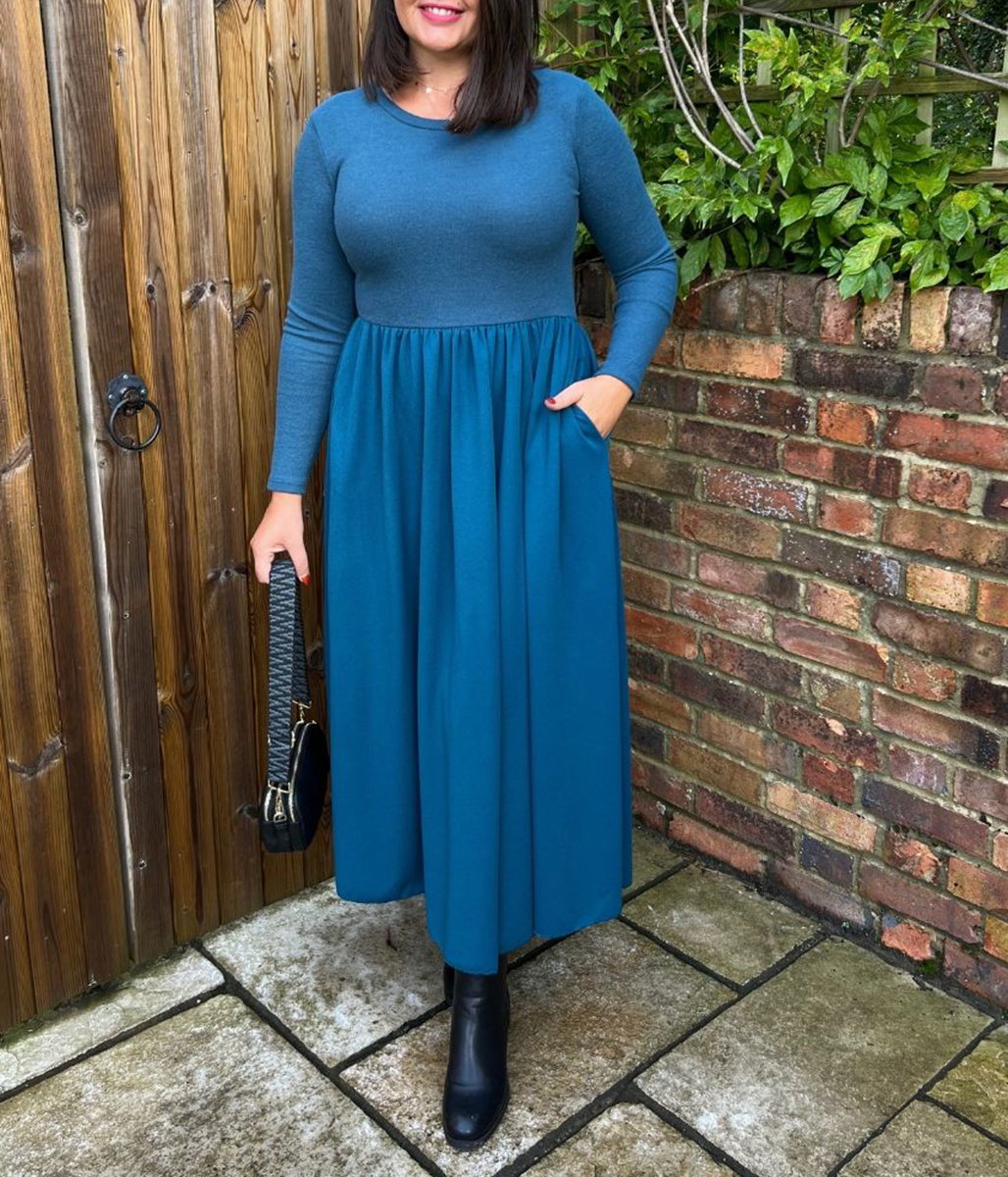 Teal Knitted Bodice Midi Dress