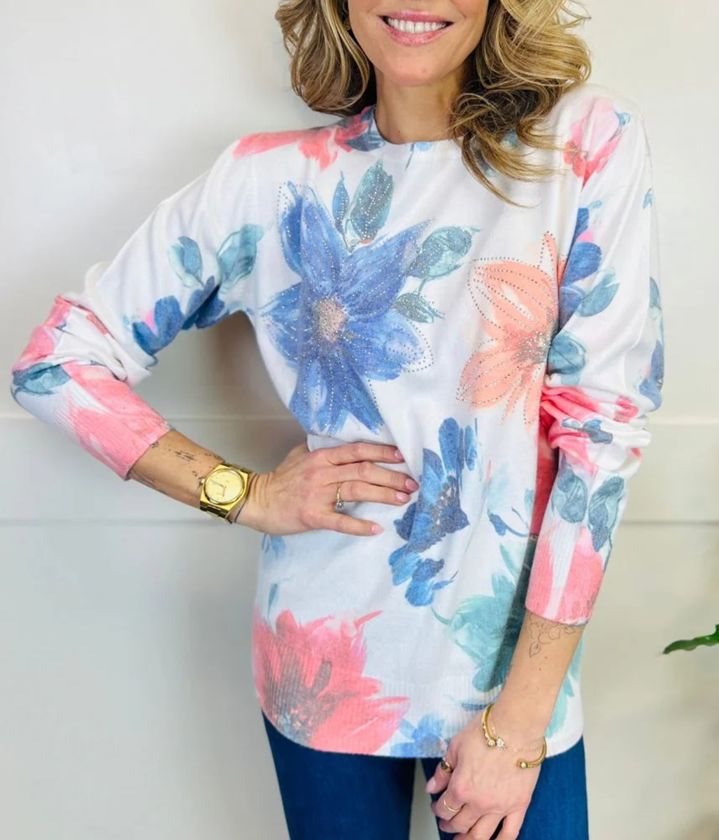 Floral Print Pastel Diamante Jumper