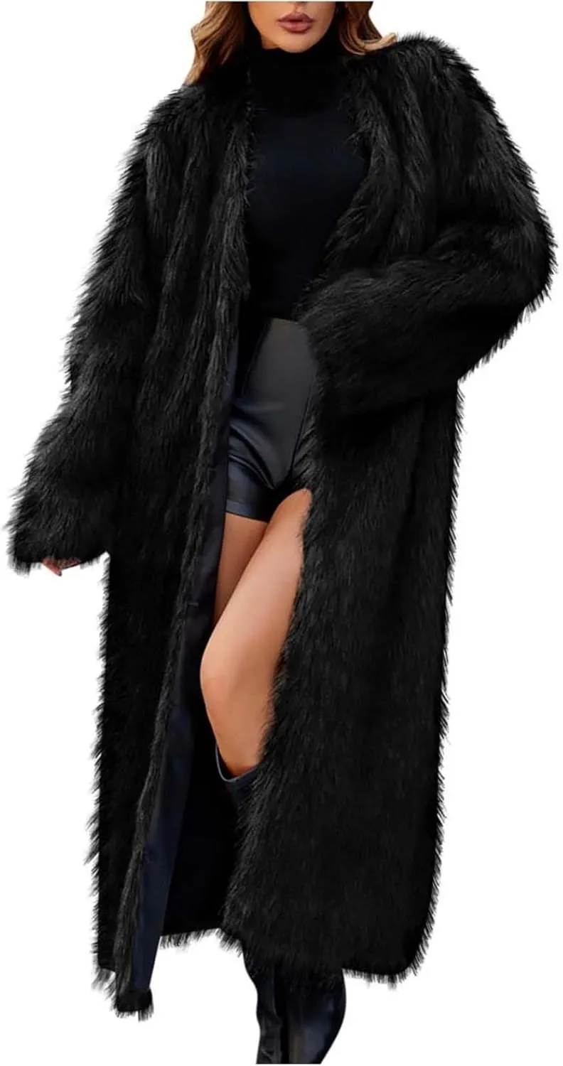 Mzkdieey Womens Faux Fur Warm Winter Coat Luxury Fluffy Parka Jacket Casual Open Front Cardigan Long Coat Outwear Overcoat