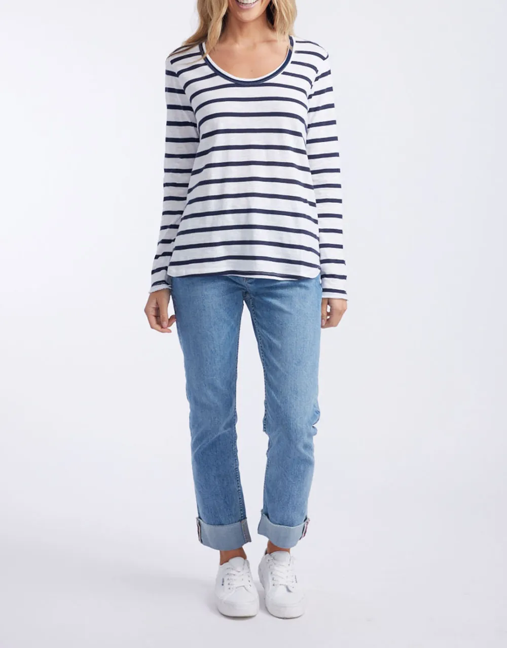 Original Round Neck Long Sleeve T-Shirt - Navy/White Stripe