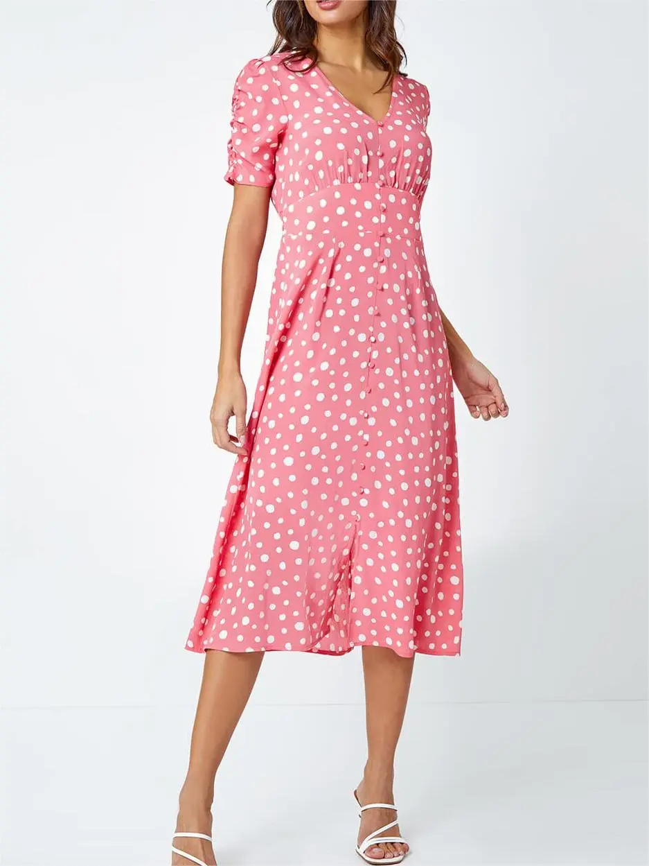 V-neck pink polka dot print dress