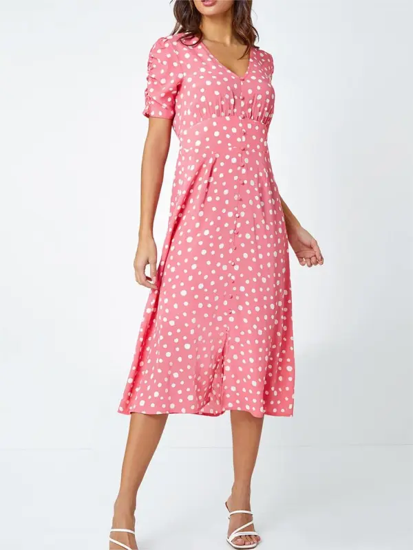 V-neck pink polka dot print dress