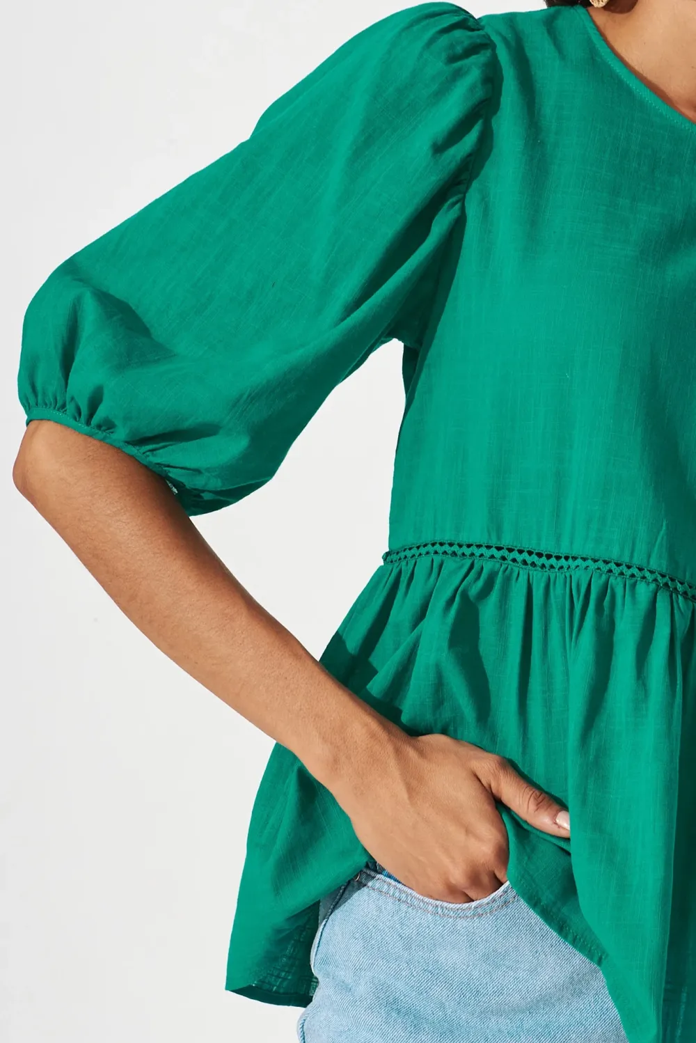 Green Half Sleeve Peplum Linen Top