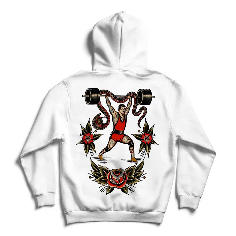 Snake Man Weight Lifting Print White Casual Hoodie