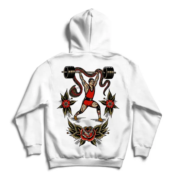 Snake Man Weight Lifting Print White Casual Hoodie
