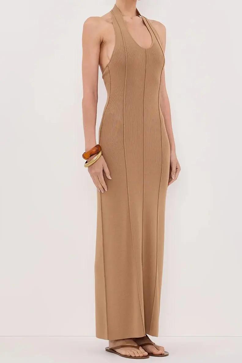 LISS TAN HALTER KNIT MAXI DRESS