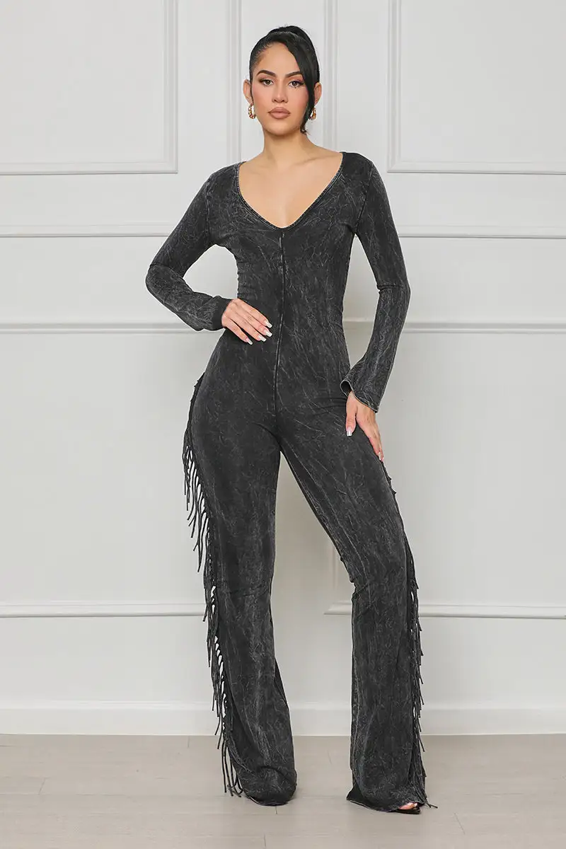 Houston Girl Fringe Jumpsuit (Black Acid Wash)