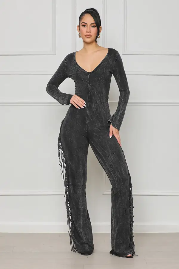 Houston Girl Fringe Jumpsuit (Black Acid Wash)