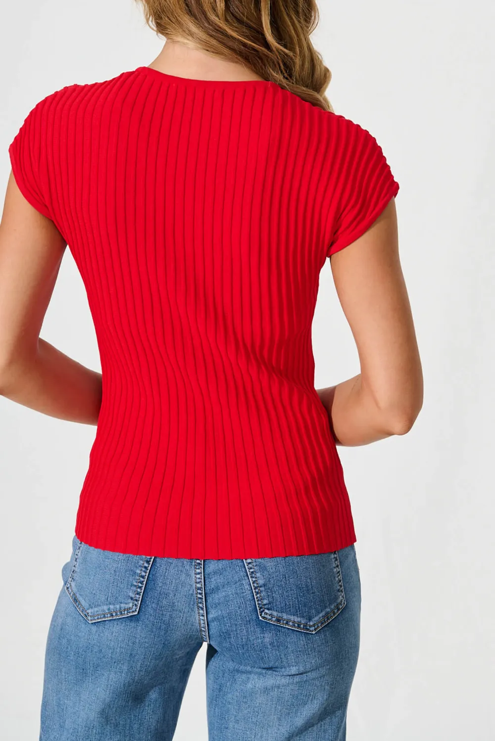 Red Ribbed Short Sleeve V Neck Knit Top