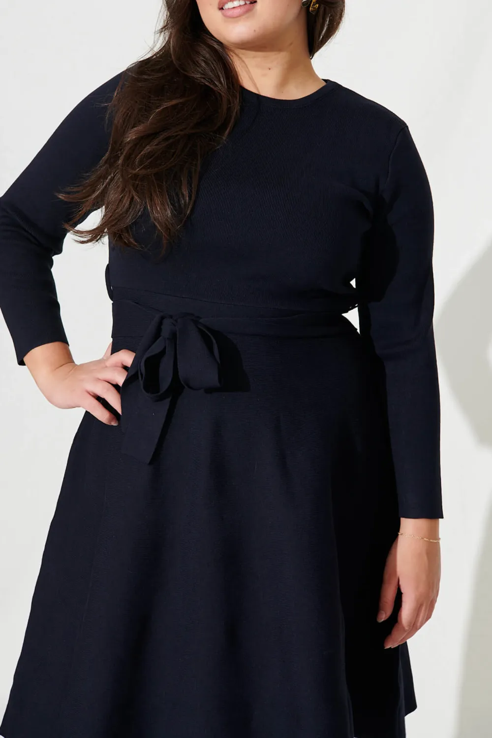 Navy Blue Belted Knitted Dress