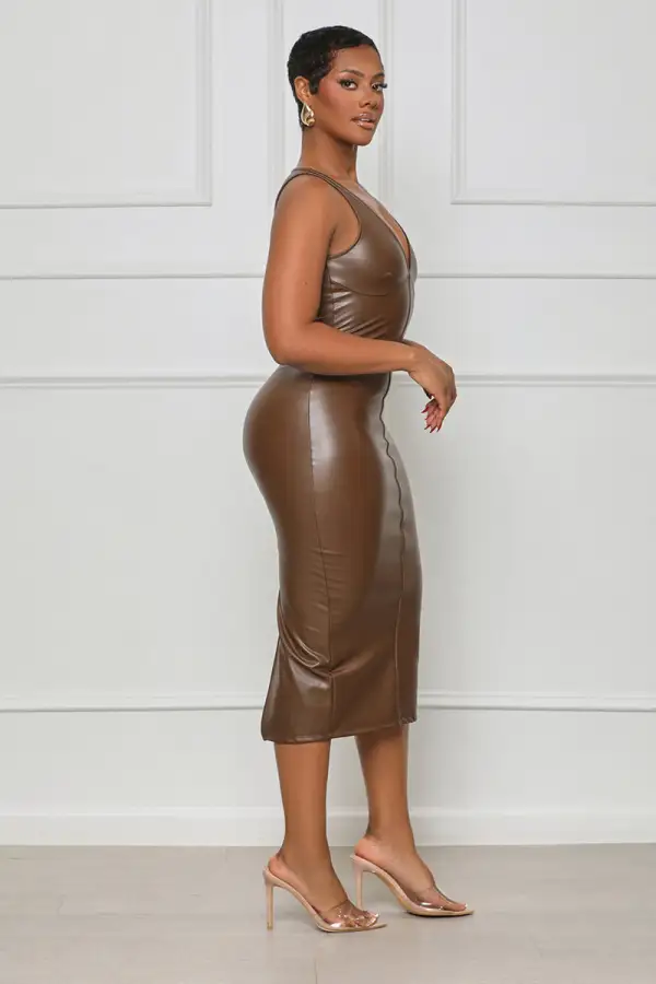 Talk To Me Plunge Faux Leather Dress (Brown)