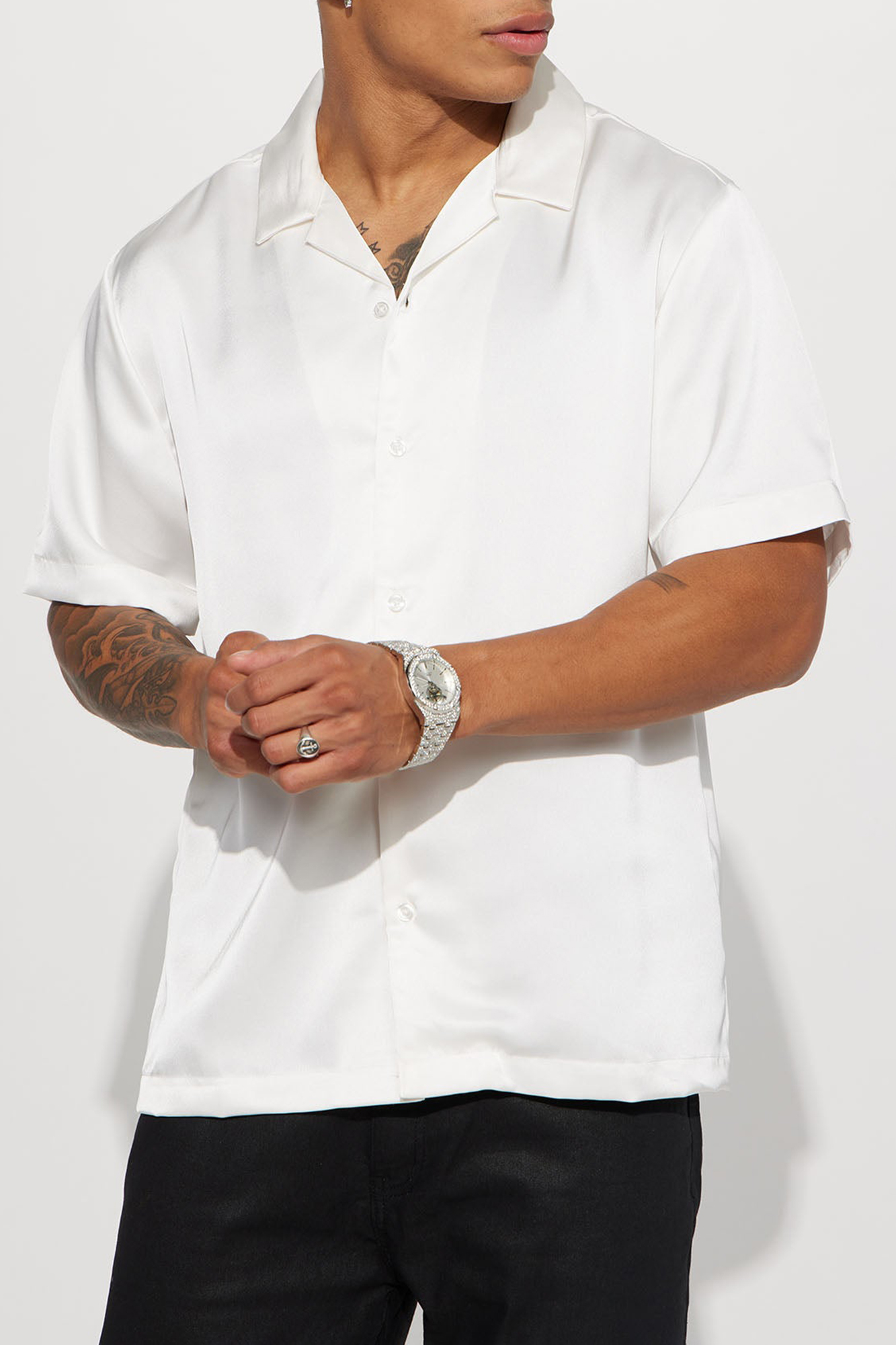 Links Satin Short Sleeve Button Up Shirt - Black