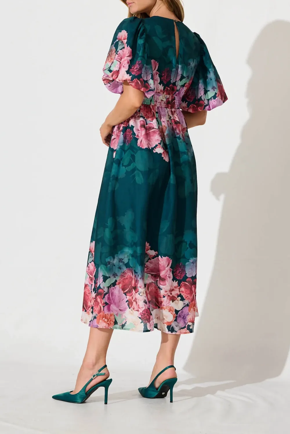 Green Floral Print Puff Sleeve Maxi Dress
