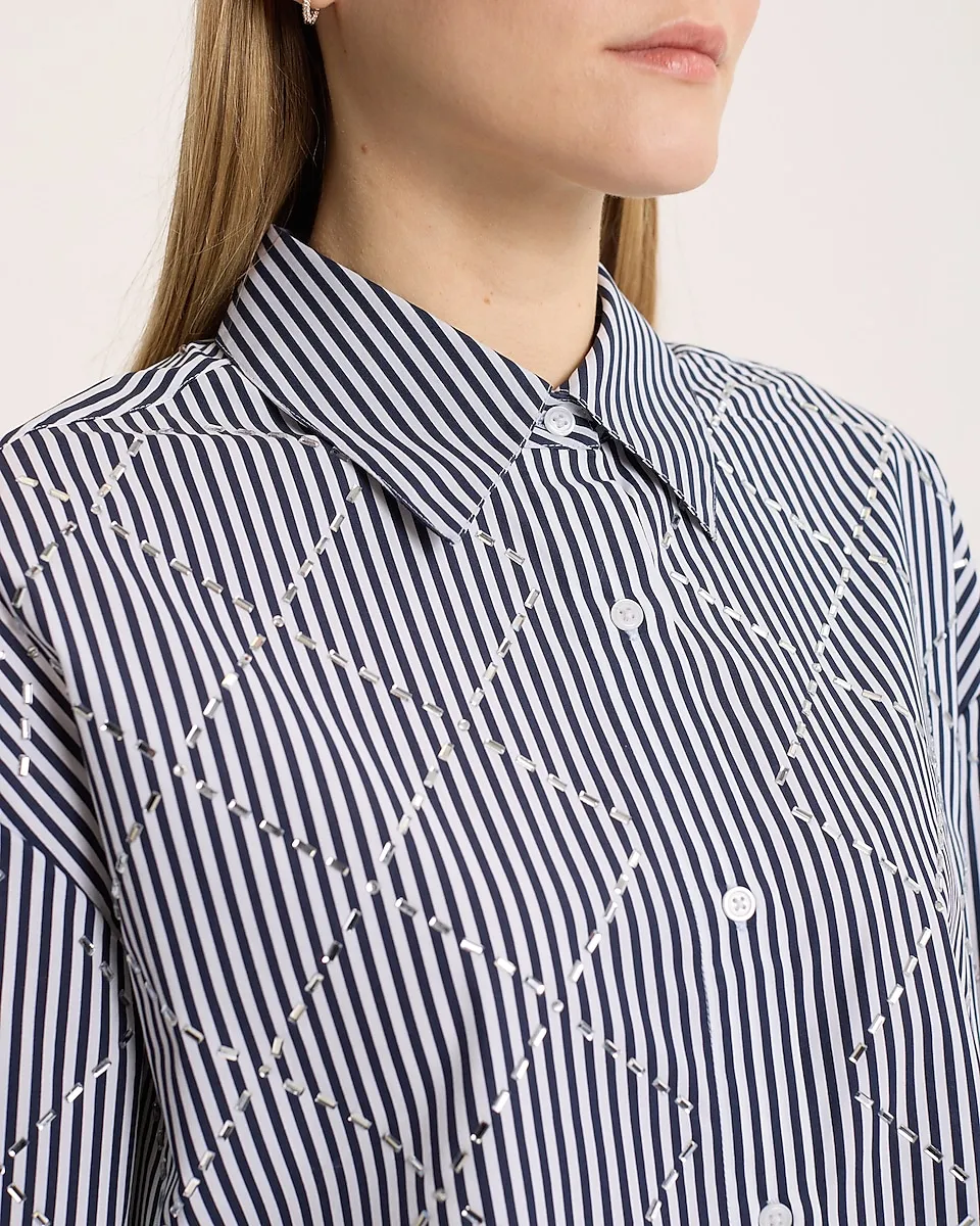 Embellished Striped Cropped Boyfriend Portofino Shirt