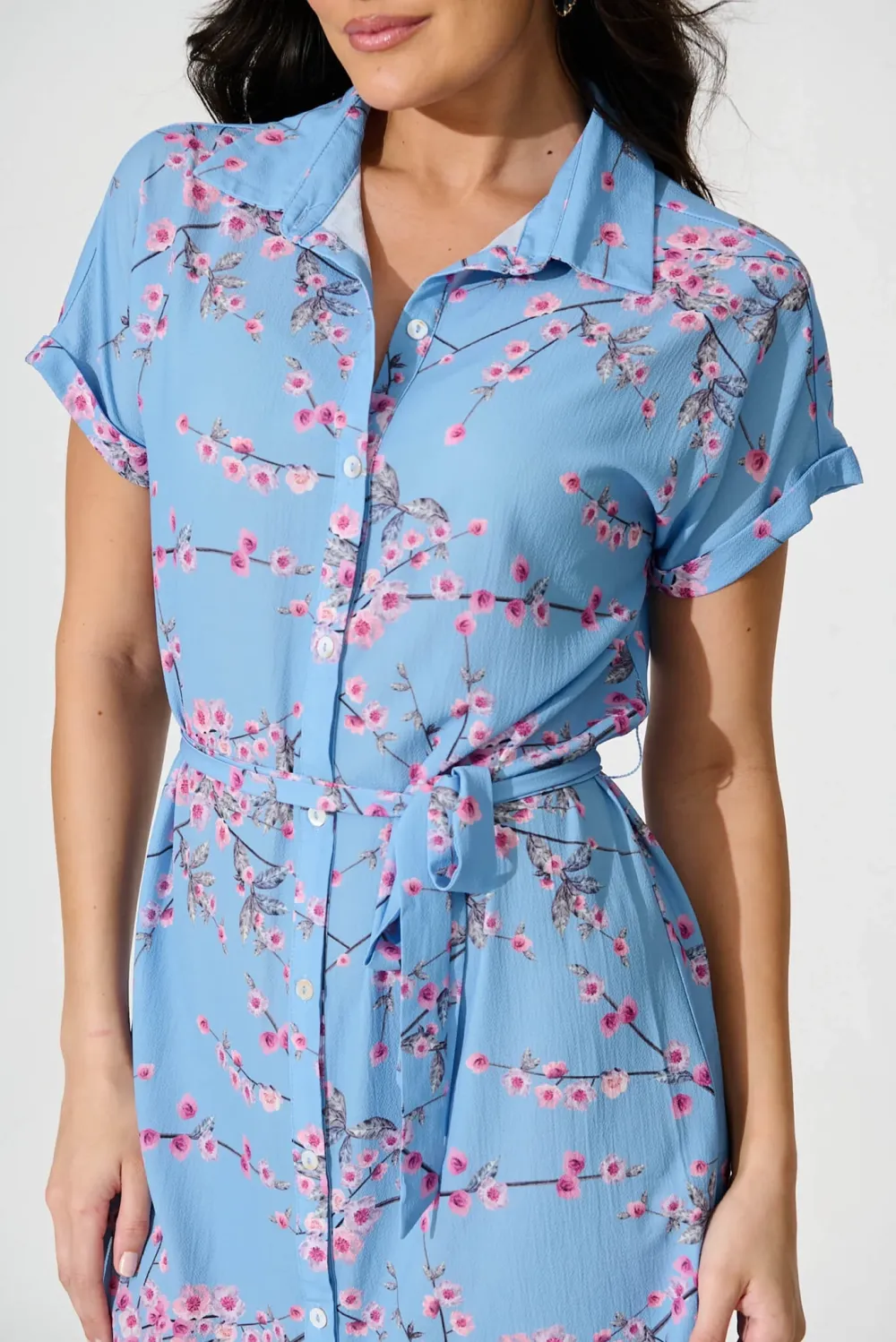 Light Blue Floral Print Shirt Midi Dress