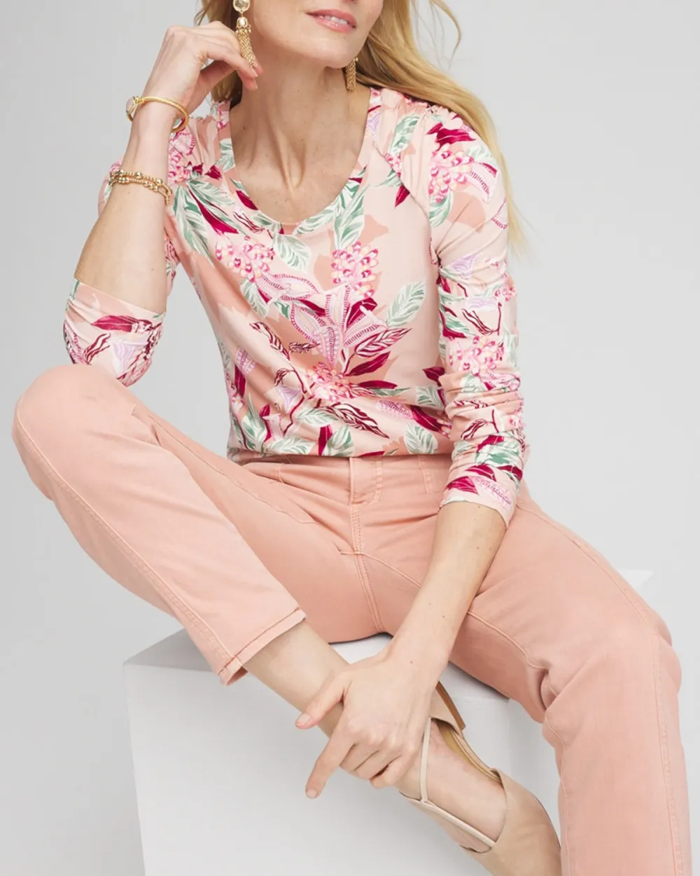 Long Sleeve Pink Floral Crew Neck Tee