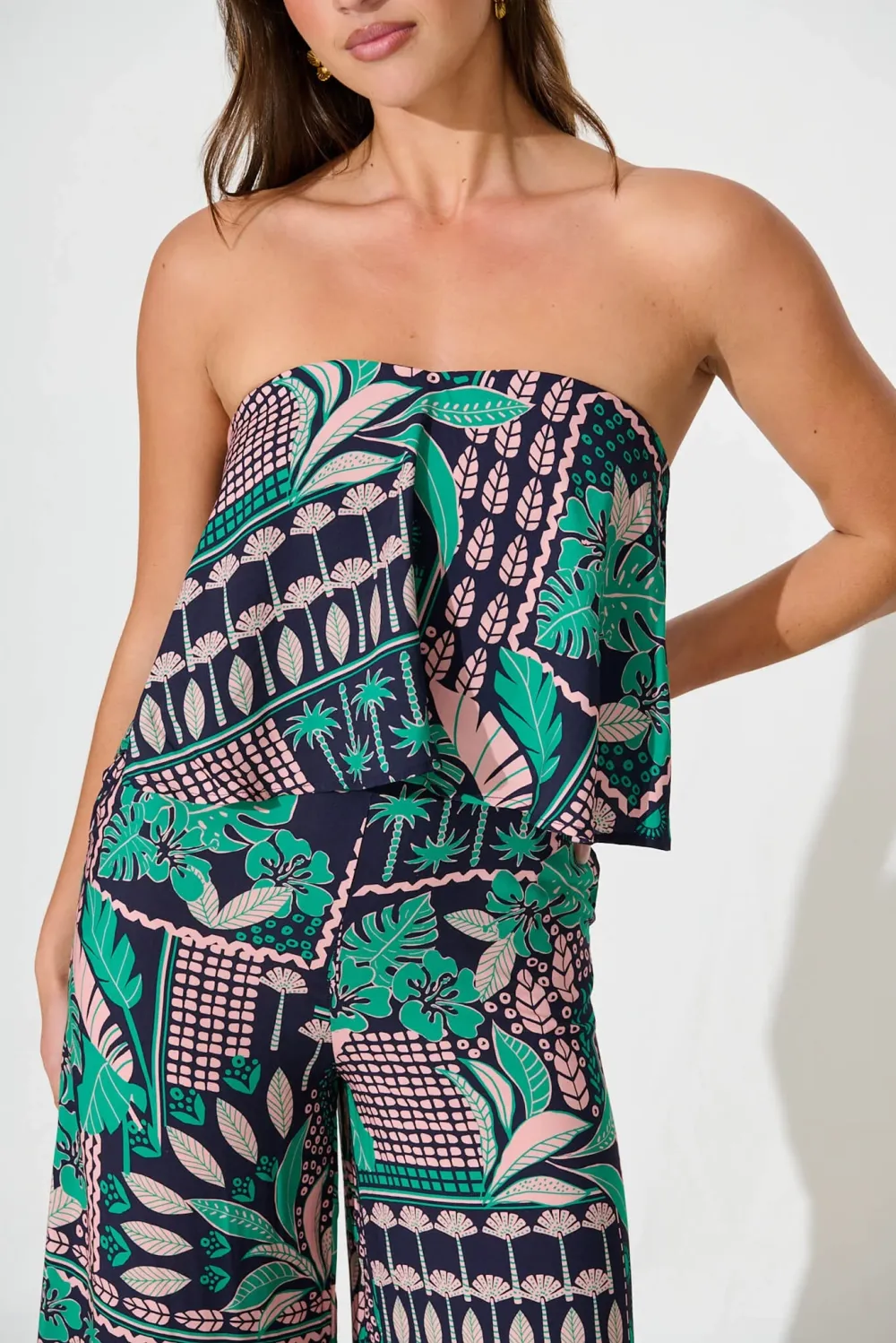 Green Printed Strapless Wide Leg Jumpsuit
