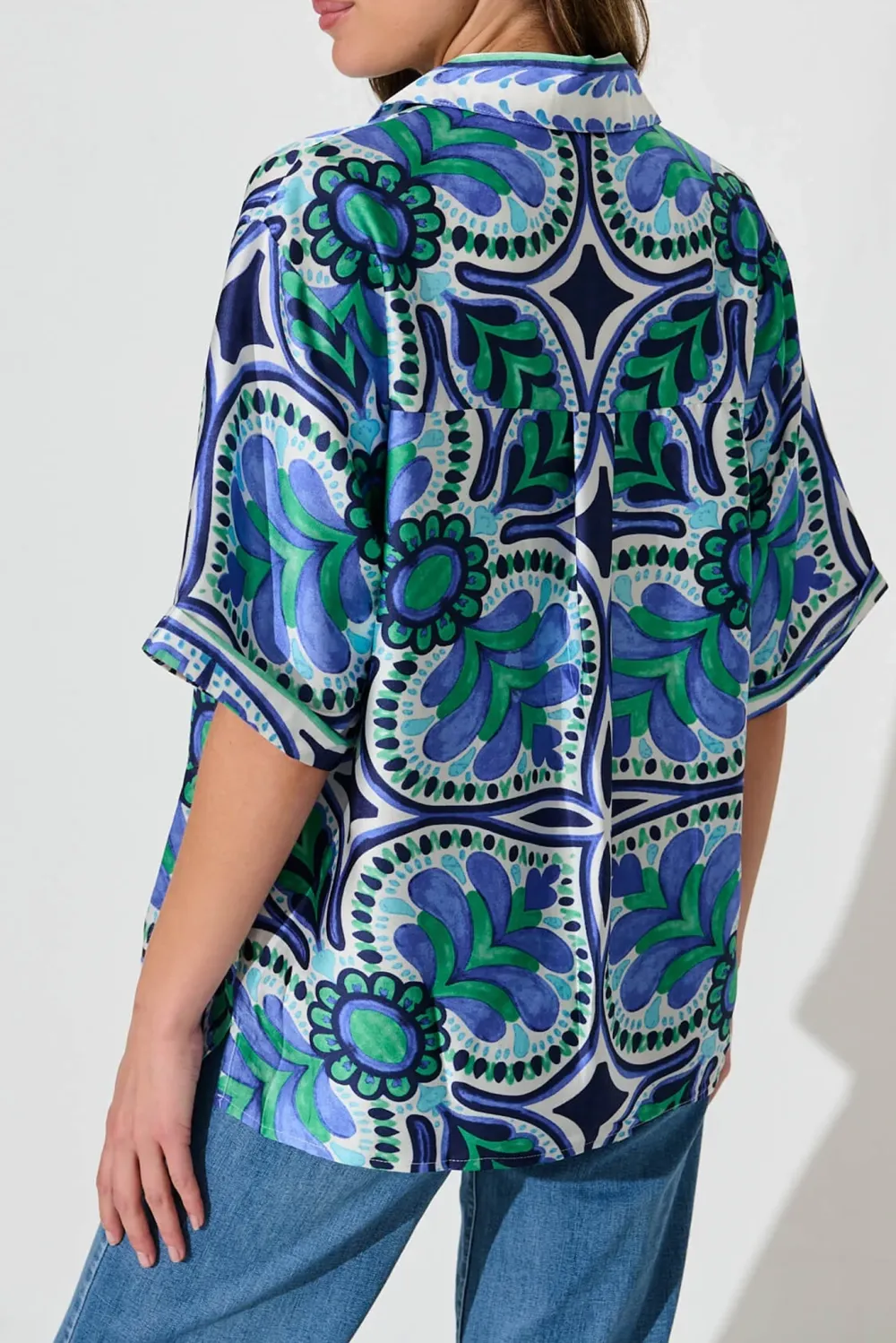 Blue Green Patterned Short Sleeve Shirt