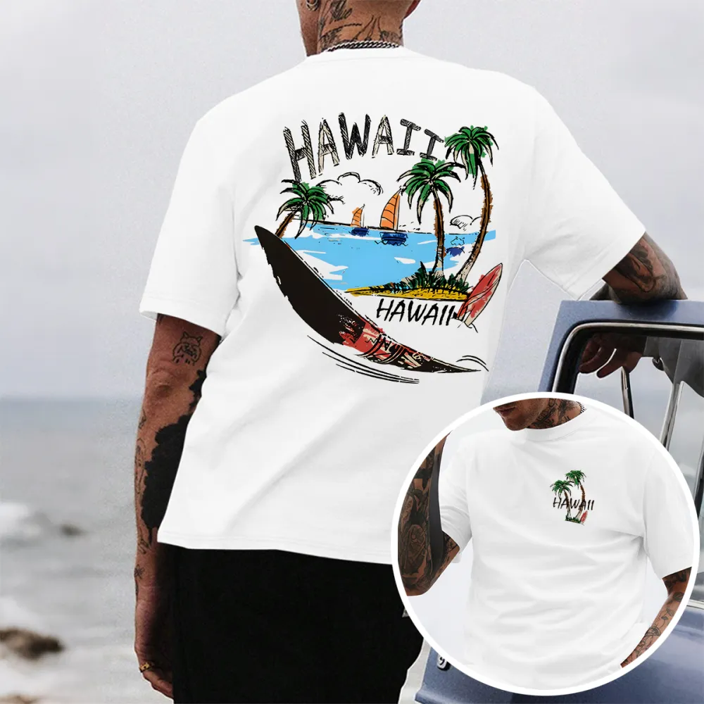 Men'S HAWAII Letter Palm Tree Boat Graphic Printed Vacation Short Sleeves T-Shirt