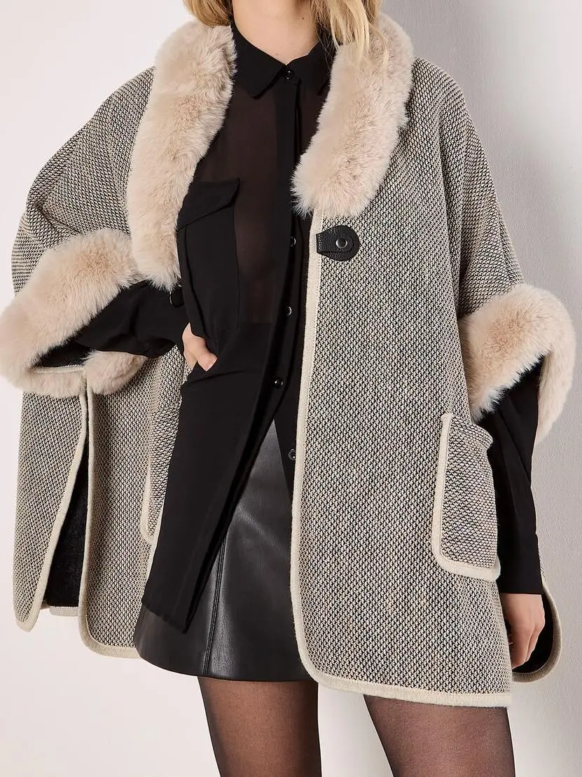 Heritage Texture Faux Fur Lined Cape