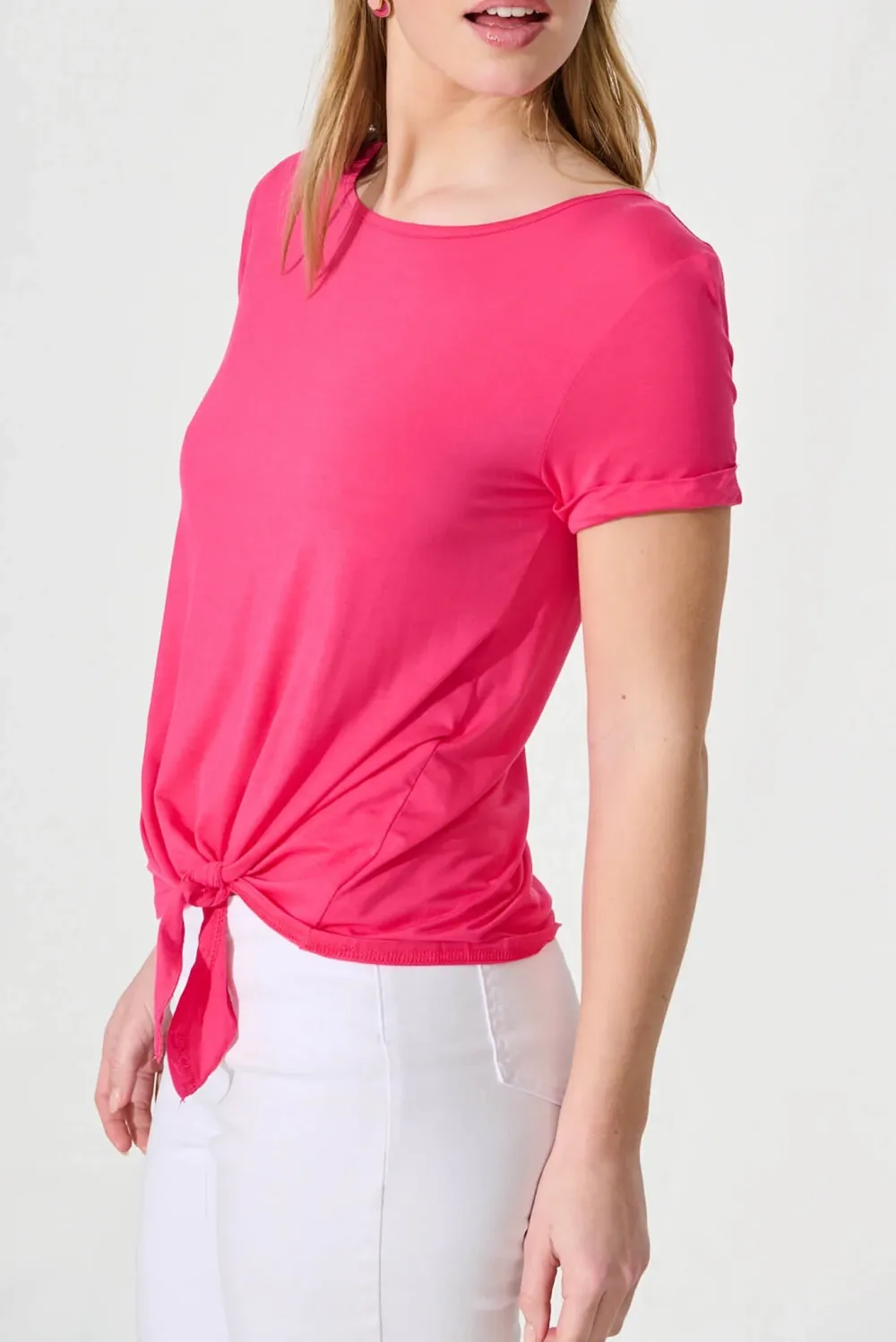Pink Tie Front Short Sleeve Casual Top