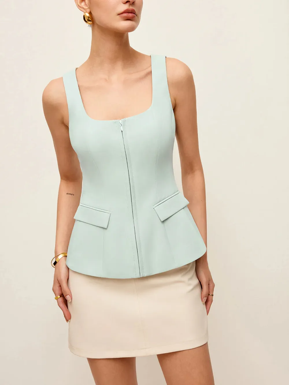 Zip Up Square Collar Top With Pockets