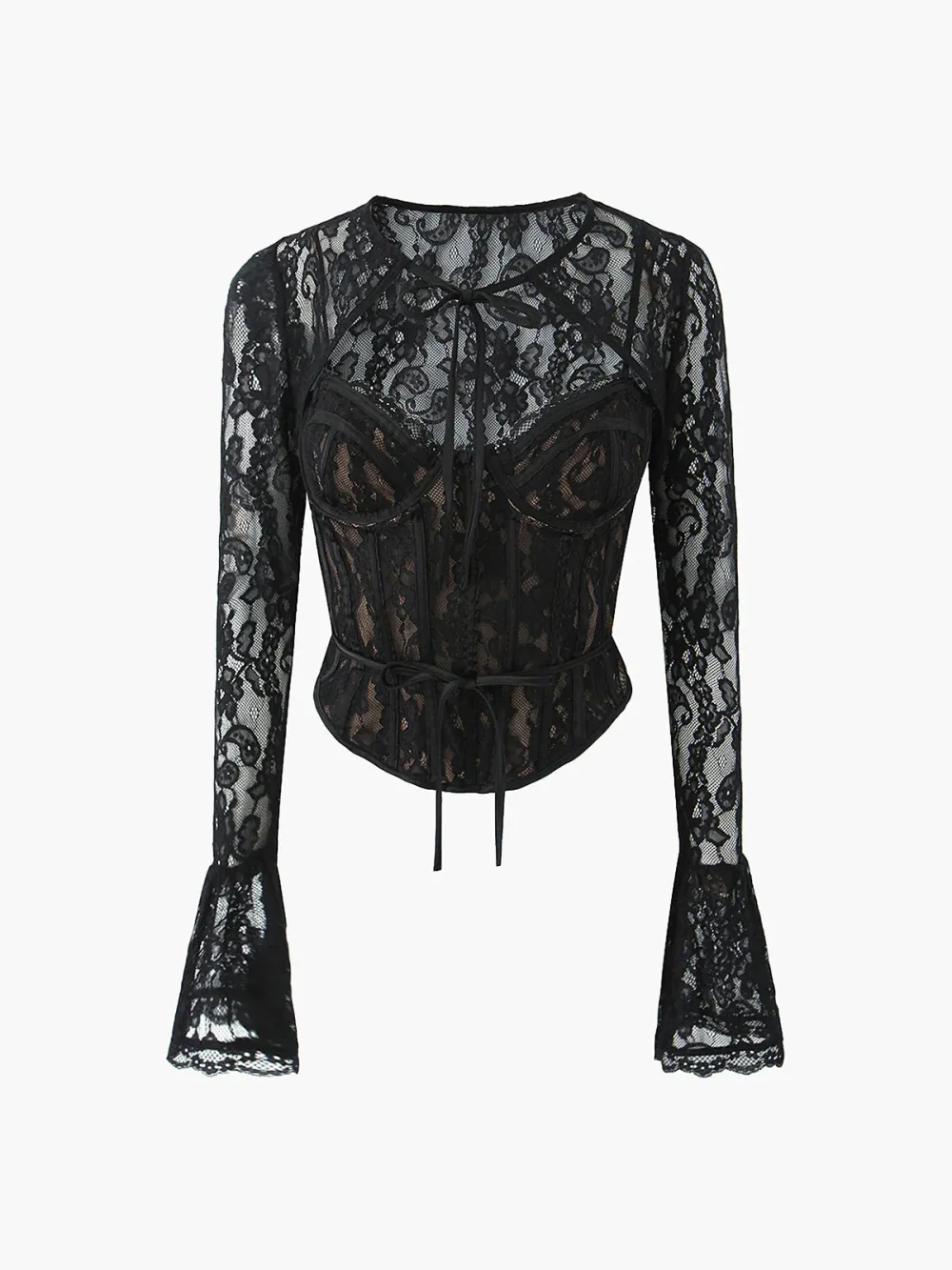 Semi-Sheer Lace Ruffle Sleeve Blouse