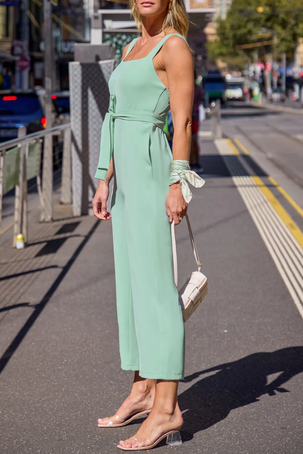 Mint Sleeveless Square Neck Straight Leg Jumpsuit