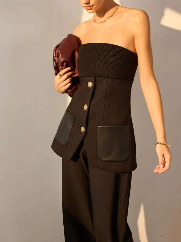 Slit Detail Metal Button Tube Top With Pockets