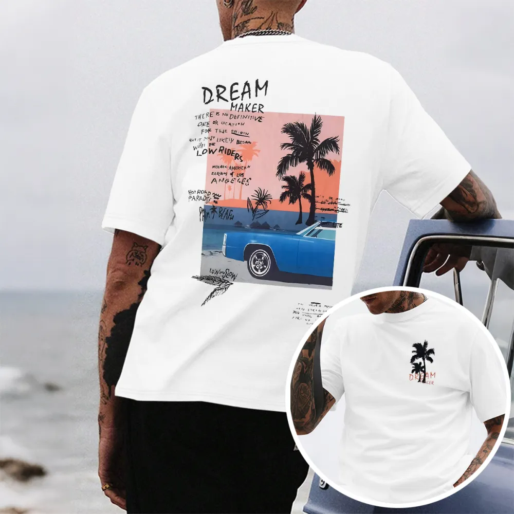 Men'S Letter Palm Tree Car Graphic Printed Crew Neck Short Sleeves T-Shirt