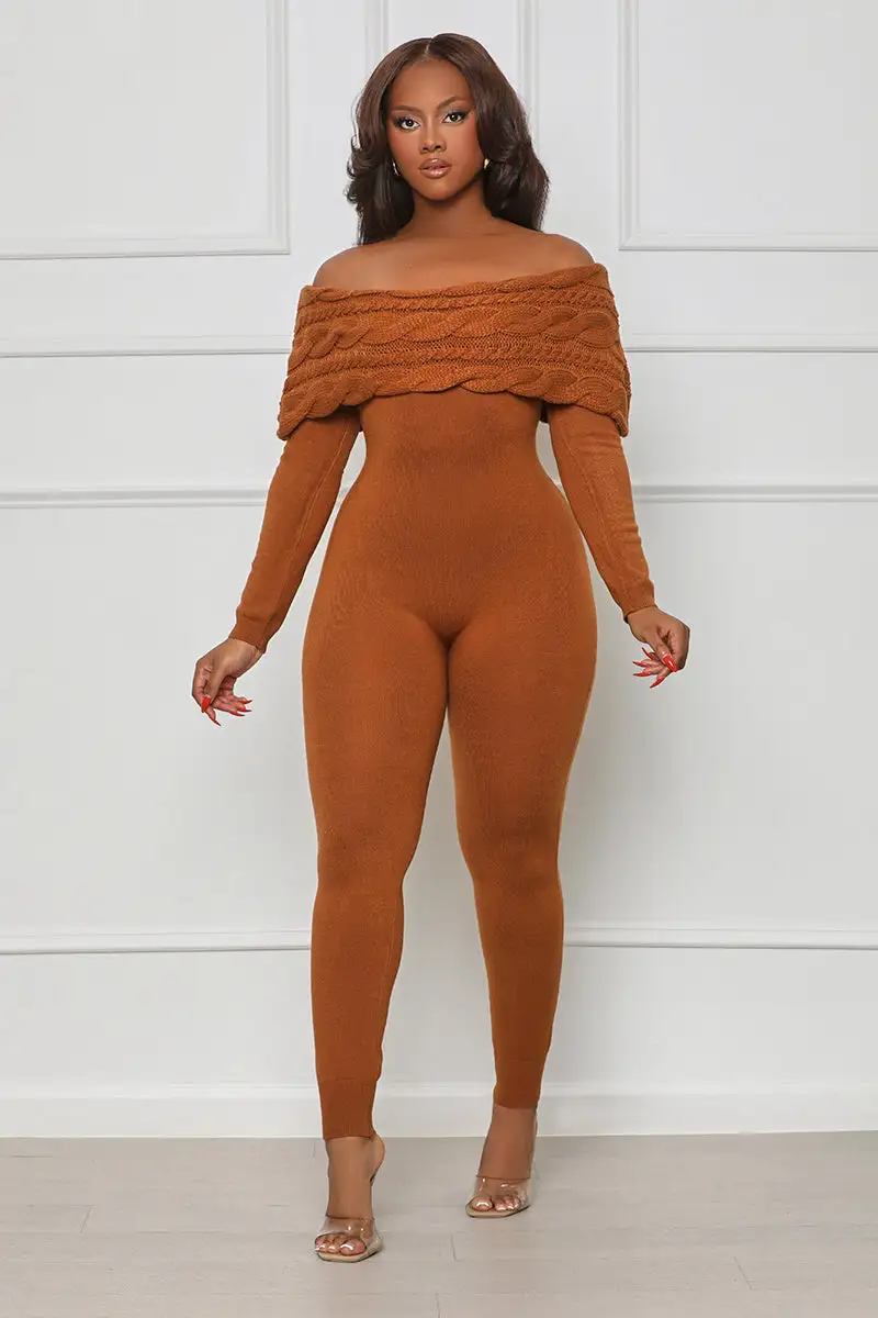 Fall Fever Off Shoulder Jumpsuit (Chestnut)