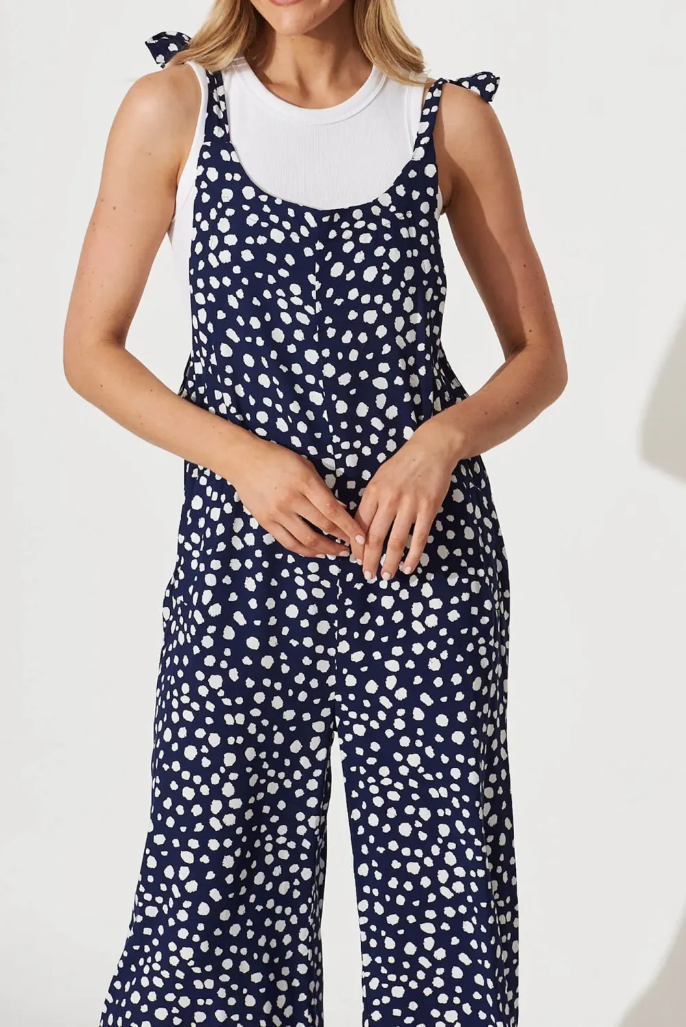 Navy Blue Polka Dot Sleeveless Overalls Jumpsuit