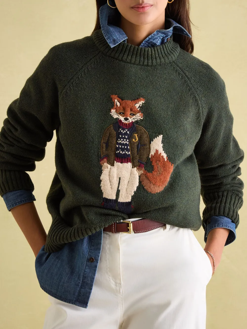 Jonty Dark Green Intarsia Fox Knit Jumper