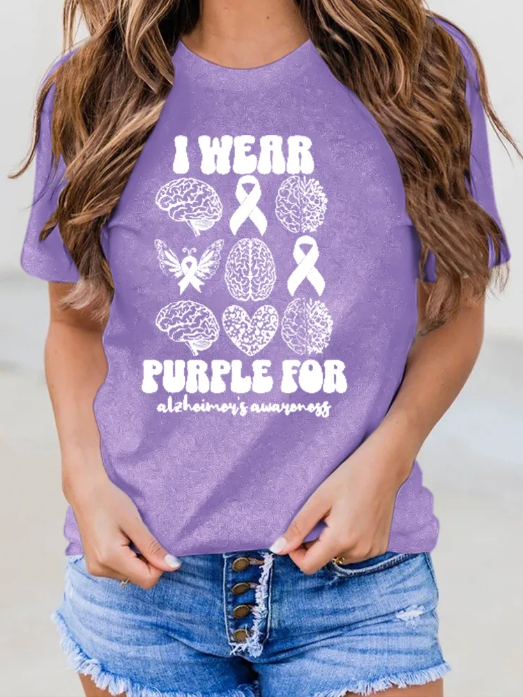 Women'S I Wear Purple For Alzheimer'S Awareness Round-Neck T-Shirt