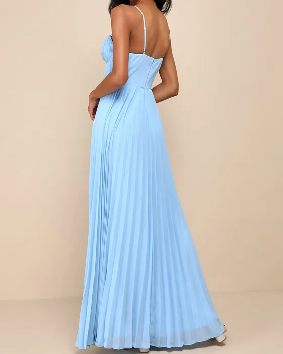 Admirable Elegance Light Blue Pleated Bustier Maxi Dress