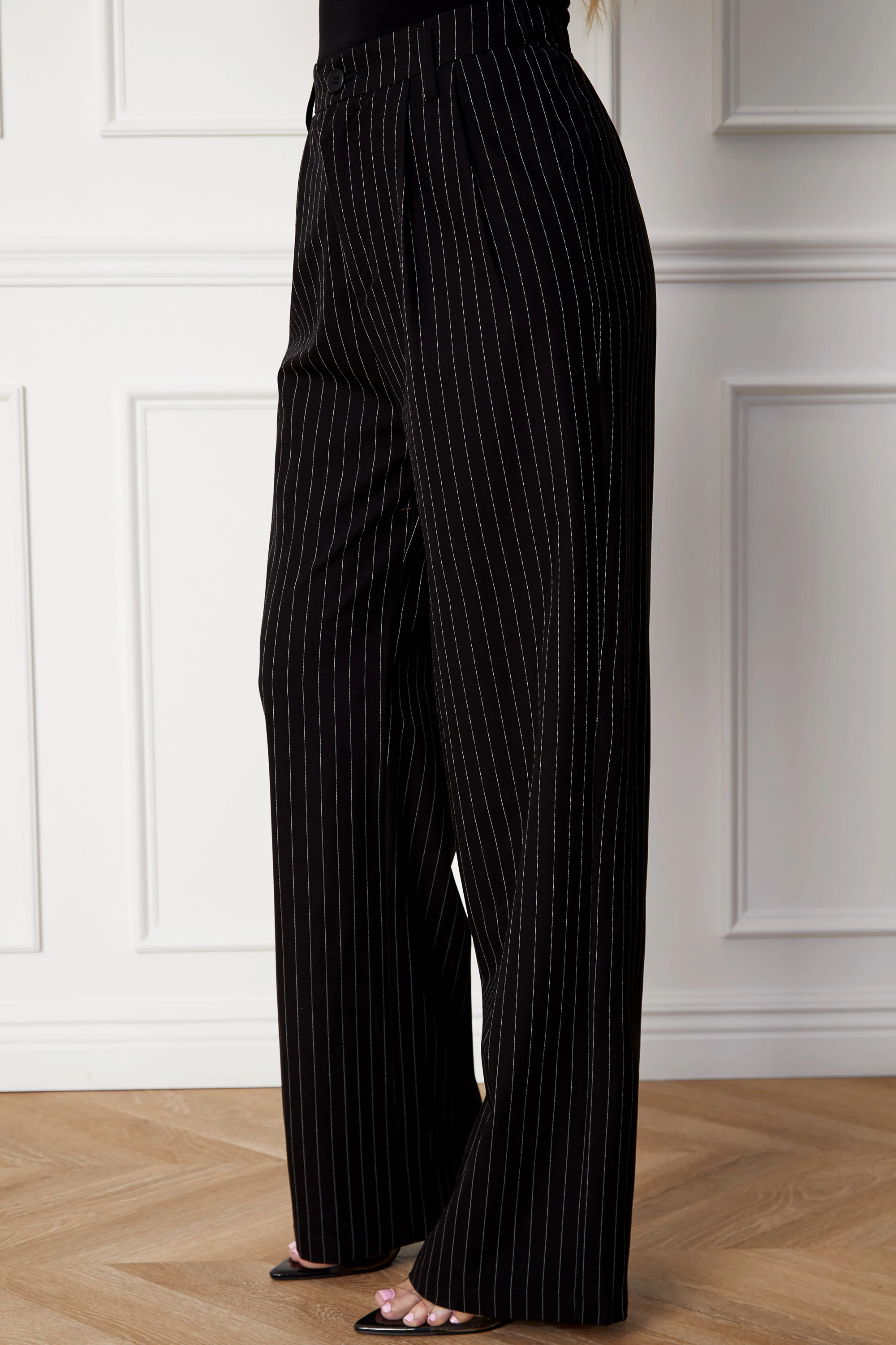 Black Pinstripe Relaxed Straight Leg Pants