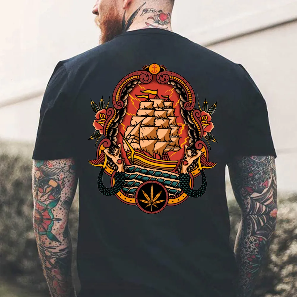 Traditional Ship And Mermaids Print Men's T-shirt