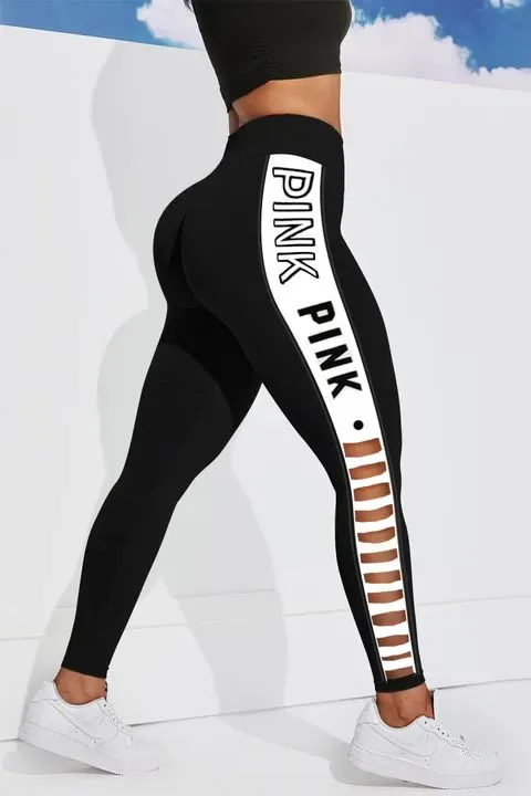 Letter Print Hollow Out Side Sports Leggings