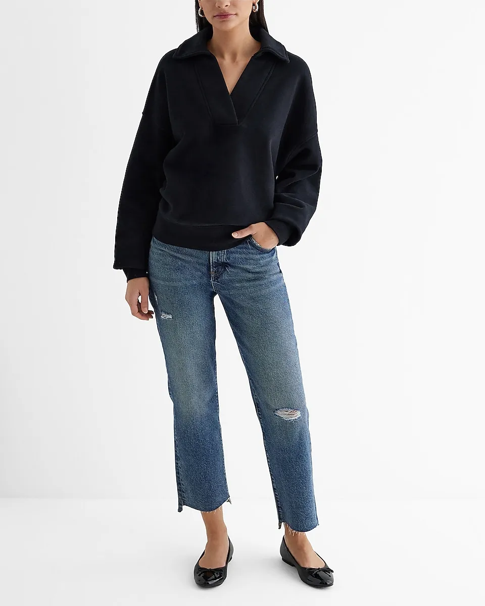 Relaxed V-Neck Fleece Polo Sweatshirt