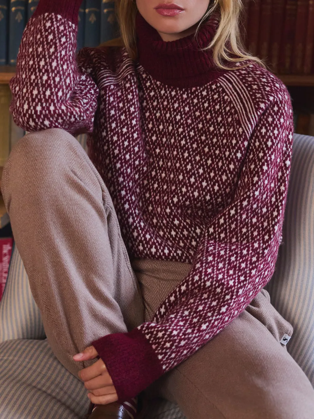 Ingrid Cream/Red Patterned Jumper with Detachable Roll Neck