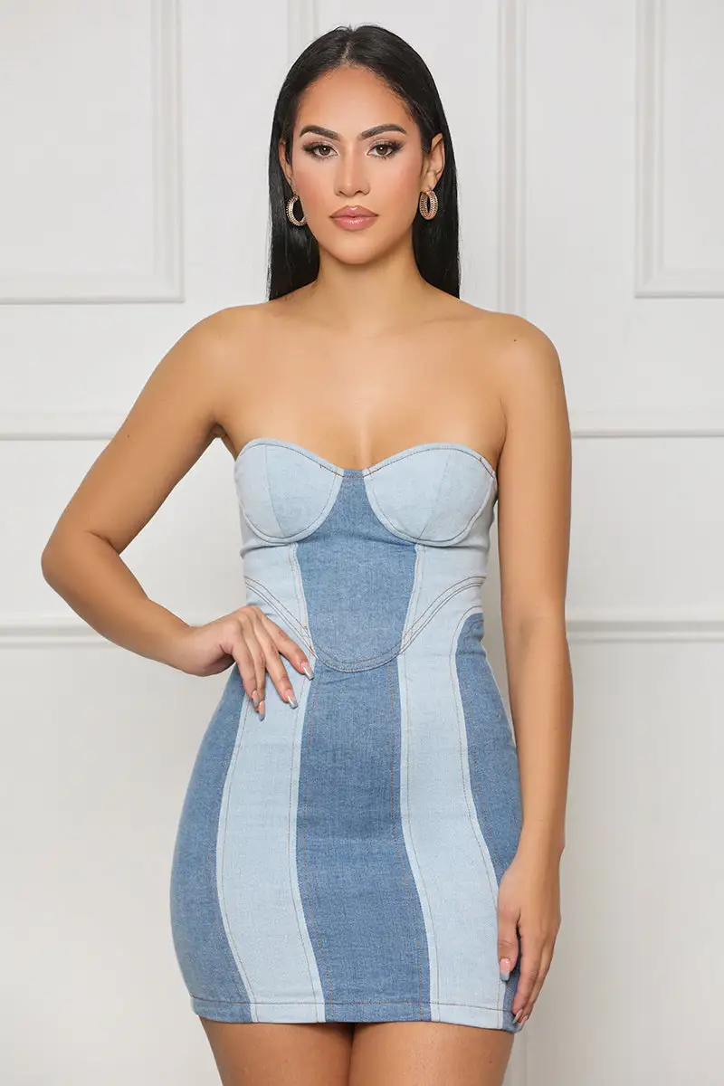 Skippin' The Lines Corset Denim Dress (Blue)- FINAL SALE