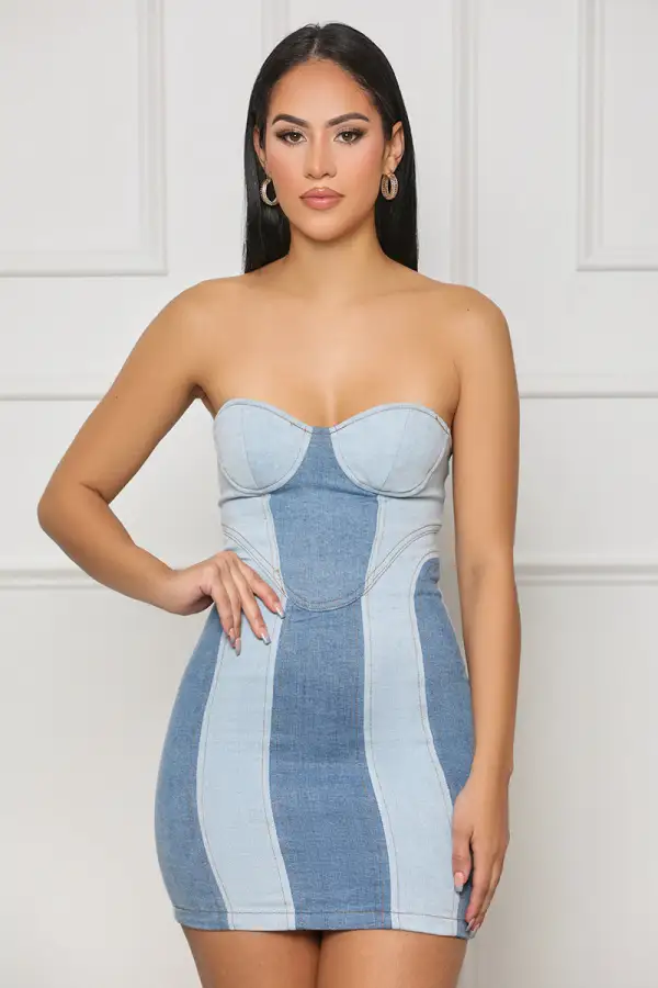 Skippin' The Lines Corset Denim Dress (Blue)- FINAL SALE