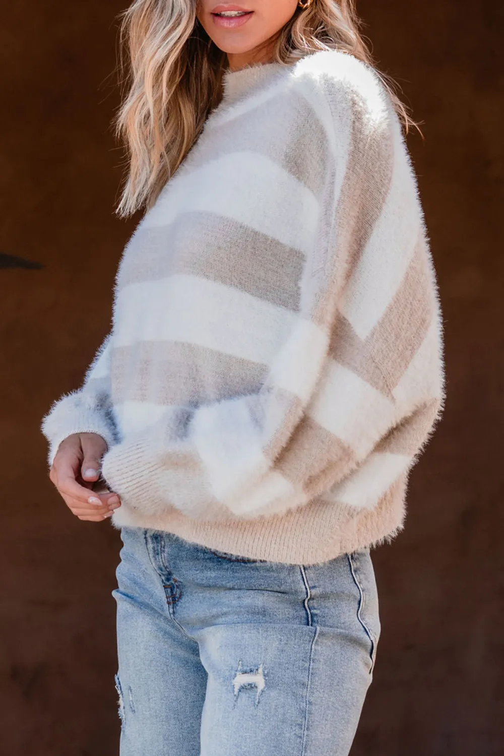 Fuzzy Beige Striped Sweater