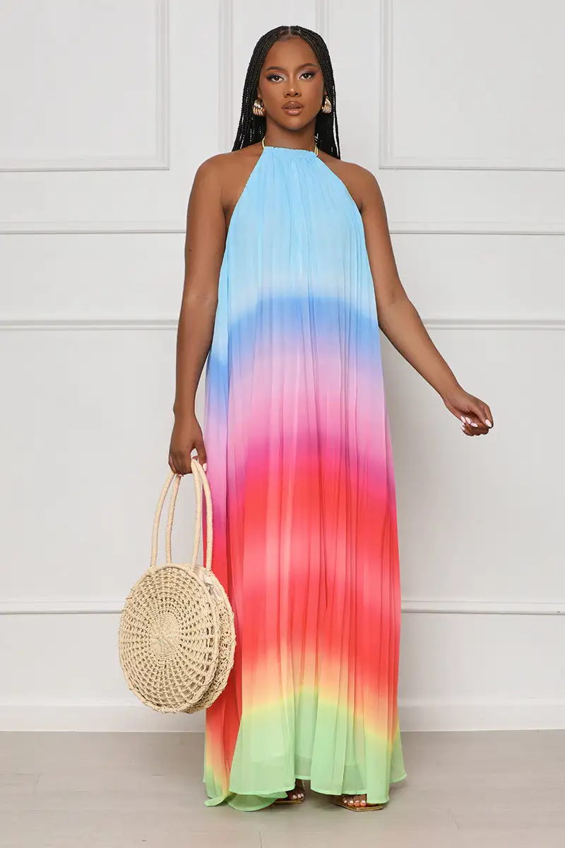 Dancing Desire Pleated Ombre Maxi Dress (Red Multi)- FINAL SALE