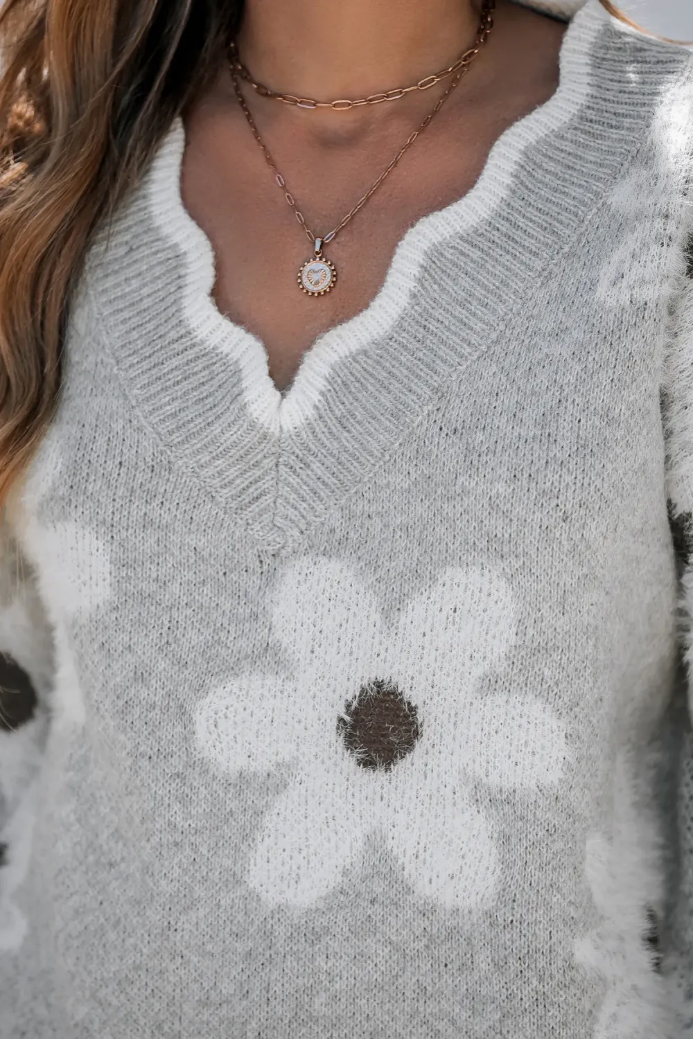 Grey Knit Daisy Scalloped Sweater